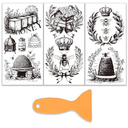 OLYCRAFT 3pcs/Set Bees Rub on Transfers for Furniture and Crafts 6x12 Inch Beehive Furniture Decals Transfer Stickers Rub on Decal with 1pc Scraper for Wood Scrapbook Window Home Decoration - style: Bees