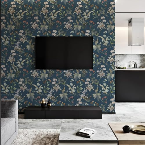 Wallpaper Peel and Stick Waterproof Floral Wallpaper - color: Blue, size: 17.4" x 393"