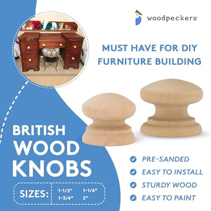Woodpeckers British Wood Knobs 2 inch, Pack of 25 Unfinished Round Wooden Knobs for Crafts, Dresser Drawers, Cabinets, and Furniture - size: 2 Inch