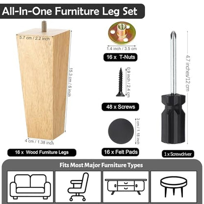 TURSTIN 16 PCS 6 Inch Wood Furniture Legs, Couch Legs Replacement, Wood - color: Wood, size: 6 Inch