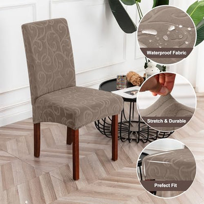Waterproof Dining Room Chair Covers, Stretch Parsons Chair Slipcovers - color: Flower Pattern-taupe, size: Regular-6 Pack