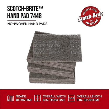 Scotch-Brite Ultra Fine Grade 7448 Hand Pad, Pack of 3, 6 in x 9 in Hand Pads, Nonwoven Silicon Carbide, Surface Preparation, Scuffing, and Cleaning, Gray