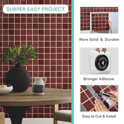 Commomy Thicker Red Peel and Stick Tiles - 10 pcs of 12" x 12" - color: Square Red & Thicker Design