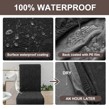 Waterproof Dining Room Chair Covers, Stretch Parsons Chair Slipcovers - color: Leaf Pattern-black, size: Regular-2 Pack