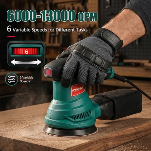 HYCHIKA 5‑Inch Random Orbital Sander, 6000‑13000 OPM, Electric Palm Sander, 6 Variable Speeds, 300W Motor with Upgraded Vacuum Dust Collector, 10 Pcs Sandpapers for Furniture Refinishing & DIY