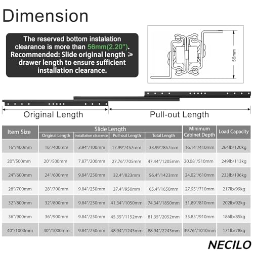 NECILO 36 Inch Undermount Heavy Duty Slides, 260 lb Full Ext Ball Bearing - size: 36 Inch, style: Heavy Duty Undermount