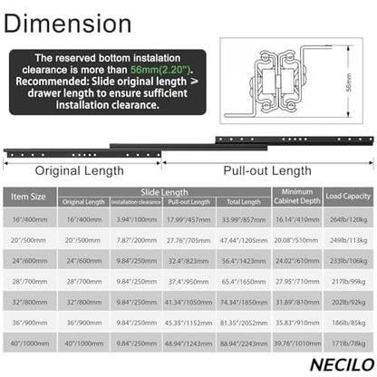 NECILO 36 Inch Undermount Heavy Duty Slides, 260 lb Full Ext Ball Bearing - size: 36 Inch, style: Heavy Duty Undermount