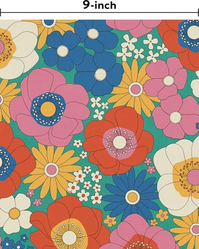 Retro Groovy Floral Peel and Stick Wallpaper Removable Boho 70s 9in×19.7ft - color: Light Blue/Colorful