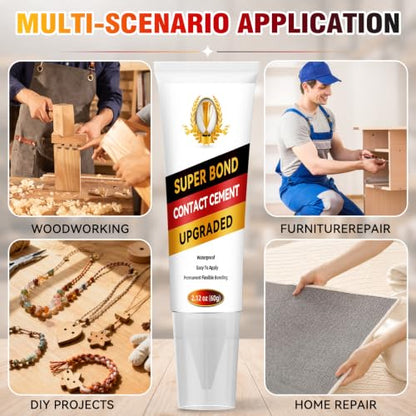 Contact Cement Adhesive, High Performance Neoprene Contact Adhesive with Brush, Waterproof Contact Cement Glue for Wood, Leather, Shoe, Furniture Repairs and Crafts, Flexible and Strong Bonding