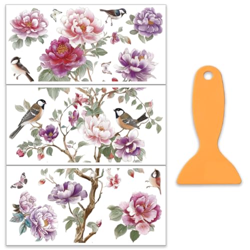 OLYCRAFT 3Pcs Pink Peony Rub on Transfers for Furniture and Crafts 12x6cm Floral Birds Furniture Decals Decor Large Pattern Transfer Stickers with 1Pc Scraper for Glass Cups Cabinets Decor - style: Pink flower