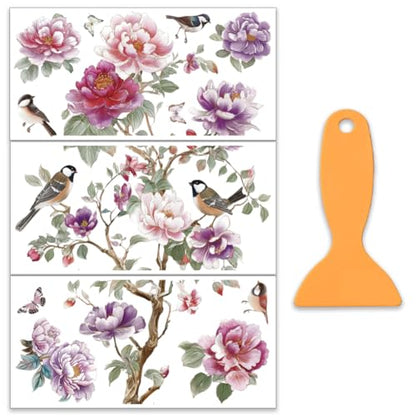 OLYCRAFT 3Pcs Pink Peony Rub on Transfers for Furniture and Crafts 12x6cm Floral Birds Furniture Decals Decor Large Pattern Transfer Stickers with 1Pc Scraper for Glass Cups Cabinets Decor - style: Pink flower