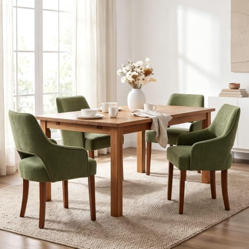 chairus Farmhouse Dining Chairs with Arms Set of 4, Chenille Upholstered Kitchen Chairs, Curved Open Back Dining Room Chairs with Thick Cushion & Walnut Wood Legs, Green - color: Green
