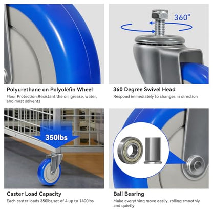 5'' Stem Caster Wheels, Heavy Duty Casters Set of 4, Replacement Shopping Cart Wheels for Cart, Industrial Polyurethane Casters Load 1400lbs (4 Swivel) - style: 5 inch Blue