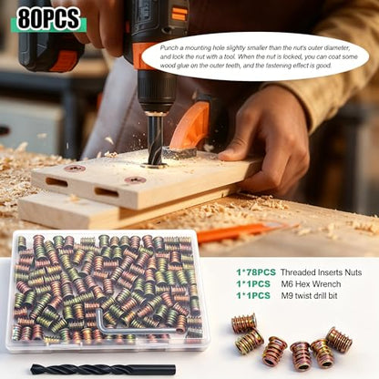 Twidec/80PCS 1/4"-20 Threaded Inserts for Wood Furniture Screw-in Nut Wood Inserts Bolt Assortment Kit with M6 Hex Wrench (1/4"-20 x15mm) N-059 - size: 1/4-20x15mm