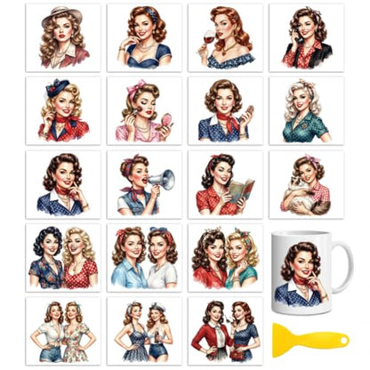 Peacoblue Retro Pinup Girl Rub On Transfers for Craft, Transfer Sticker - style: Retro Pinup Girl 1950s
