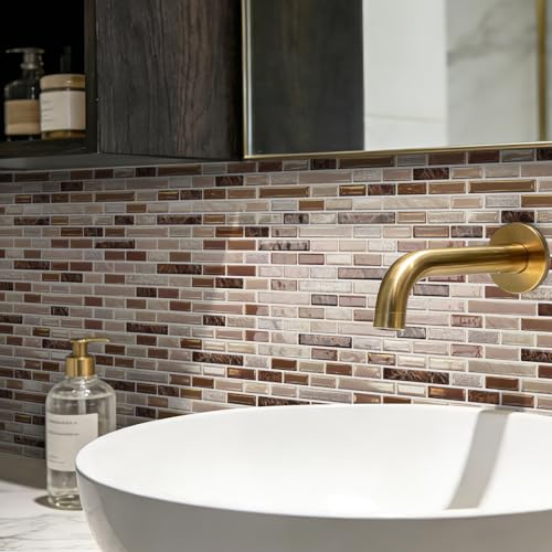 URCOLOR 10-Sheet Kitchen Backsplash Tiles Peel and Stick, 12”×12” Self Adhesive Wall Tile Sticker for Bathroom,Sandstone Brown - color: Sandstone Brown