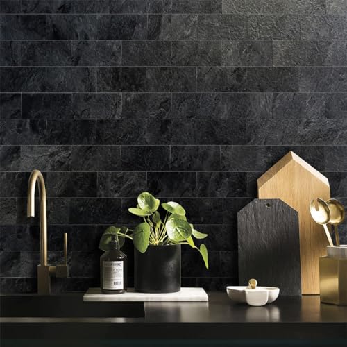 AULIGET 100 Piece Black Slate Peel and Stick Backsplash Wall Tiles, 3" x 6" PVC Faux Stone Stick on Tiles for Backsplash Kitchen, Bathroom, Laundry Room, Camper, Fireplace - color: Black Slate