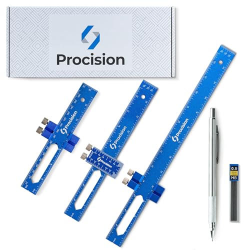 ELEON Procision Woodworking Ruler, Set of 3 (12, 8, 6 Inch) - Precision Woodworking Pocket Tool with Extra Wide 2" Sliding Attachment - Slide T-Square Scribing Kit Plus Mechanical Pencil - Aluminium