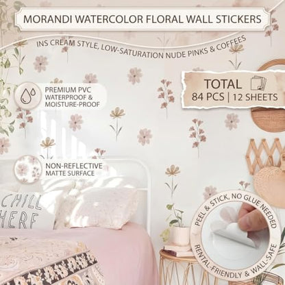 84PCS Watercolor Floral Wall Decals, Waterproof PET Stickers for Bedroom