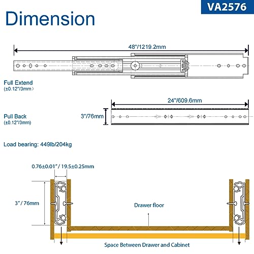 VADANIA #A76 24" Black Industrial Grade Heavy Duty Drawer Slide - color: #A76 - Without Lock, size: 24 Inch