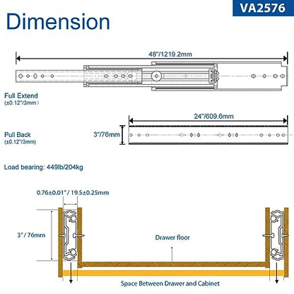 VADANIA #A76 24" Black Industrial Grade Heavy Duty Drawer Slide - color: #A76 - Without Lock, size: 24 Inch