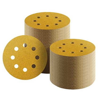 100 Pcs 5-Inch 8-Hole Hook and Loop Sanding Discs, 60/80/120/220/320 Assorted Grits Gold Sandpaper for Woodworking or Automotive 5 Inch Sanding Discs Gold Random Orbital Sander - style: Variety Pack-100 Discs