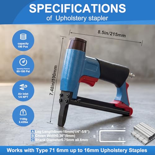 Pneumatic Upholstery Stapler, 22 Gauge Compatible with 71 Series Air Staple Gun (3/8" Crown), 1/4"-5/8" Length, 190-staple Magazine, 60-100 Psi, 1/4" Npt(Long Nose) - style: Long, 22 Gauge