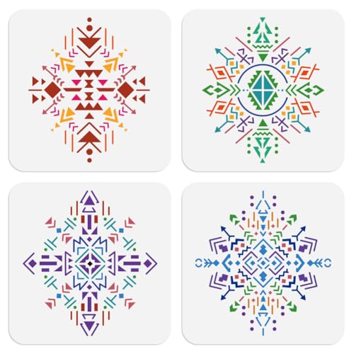 4Pcs Tribal Aztec Art Stencils for Painting, 7.8"x7.8" Reusable Spliced Aztec Stencil Drawing Templates, Geometric DIY Craft Paint Templates for Wall Home Decor Wood Burning Canvas Journal - style: Tribal Aztec