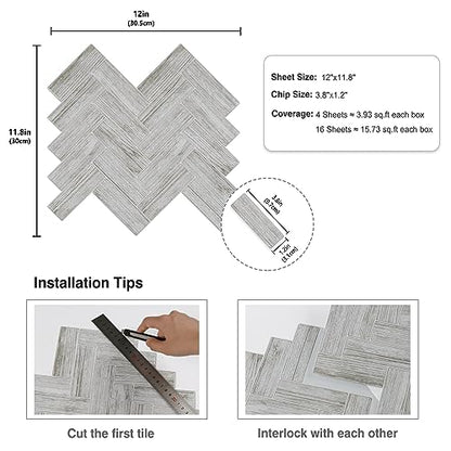 CRE8TIVE 4 Sheets Herringbone Peel and Stick Backsplash for Kitchen Bathroom 12"x12" Self Adhesive Tile Stickers Light Wood Look Wall Tiles - color: Light Wood Grain, size: 12"x11.8" (4-Sheets)