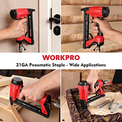 WORKPRO 8016 Pneumatic Staple Gun, 21 Gauge Upholstery Stapler with 1500pcs Staples 1/4" to 5/8", Air-Powered, Rear Exhaust, for Carpentry, Woodworking and DIY Projects - size: 21 Gauge Standard