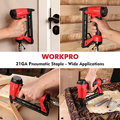 WORKPRO 8016 Pneumatic Staple Gun, 21 Gauge Upholstery Stapler with 1500pcs Staples 1/4" to 5/8", Air-Powered, Rear Exhaust, for Carpentry, Woodworking and DIY Projects - size: 21 Gauge Standard