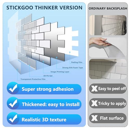 STICKGOO Subway Tile Peel and Stick Backsplash, Thicker Design 12" x 12" Stick on Backsplash Tiles for Kitchen, Bathroom, Wall Tile (1 Sheet, Cold White with Black Grout)