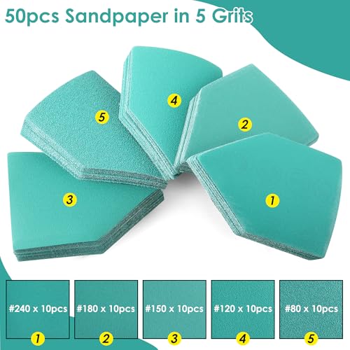 50PCS Detail Sander Sandpaper Compatible with M12 Sanders, 80, 120, 150, 180, 240 Grit (10 of Each) Triangle Sanding Sheets, 3.5 X 2.5in, Heavy Duty Hook & Loop Detail Sanding Paper