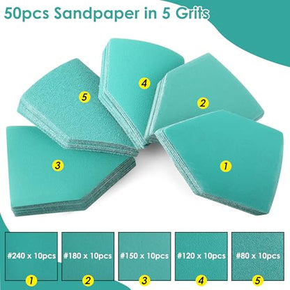 50PCS Detail Sander Sandpaper Compatible with M12 Sanders, 80, 120, 150, 180, 240 Grit (10 of Each) Triangle Sanding Sheets, 3.5 X 2.5in, Heavy Duty Hook & Loop Detail Sanding Paper