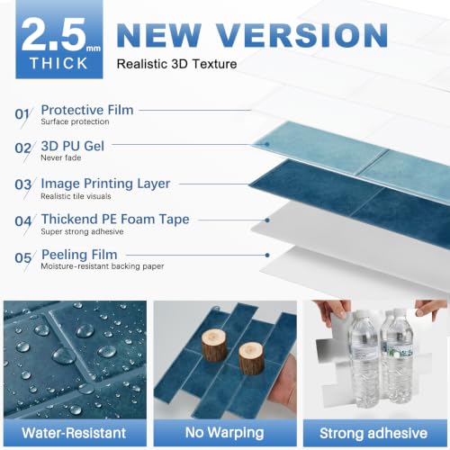 Thicker Design Peel and Stick Backsplash Tile，Self Adhesive Wall Tiles for Kitchen & Bathroom (10 Sheets, Lake Blue) - color: Lake Blue