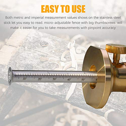 Wheel Marking Gauge Kit with 2 Extra Cutter Wheels, Anti Roll Brass Head with Hornbeam Wood Holder, Metric and Imperial Micro Adjuster Ruler, Woodworking Tools Scriber for Woodwork