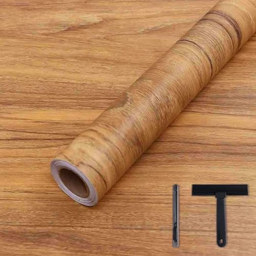 COSNIGHT Wood Grain Contact Paper with Tools, Peel and Stick Wallpaper - color: Medium brown, size: 15.7" x 196"