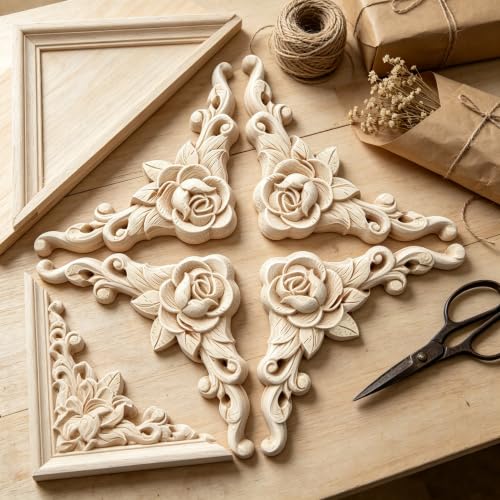10Pcs Decorative Wood Carved Applique Corner Onlay Decorative Wood Applique DIY Wooden Carved Corner Unpainted Decals Wall Stickers Murals