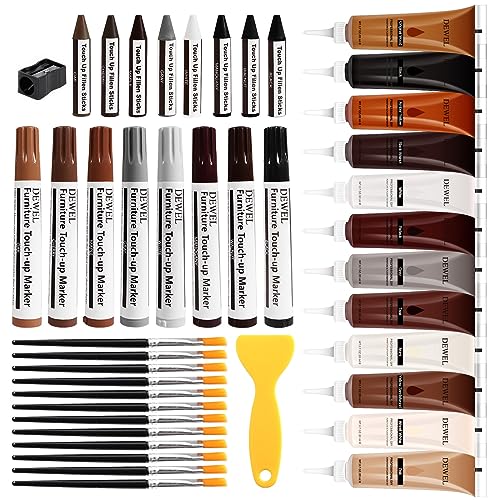 DEWEL Wood Repair Kit 12-Color Repair Paste with Touch-Up Pen & 8-Color Wax Sticks for Floors & Furniture-Fix Scratches, Screw Holes, Peeling Paint, Hide Flaws, Water-Based Repair Pen & Crayon Set - color: 12 Fillers+8 Sticks+8 Markers
