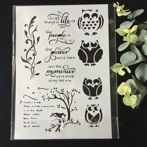 TIAMECH A4 Reusable Four Owls Stencil for Painting - style: Four Owls