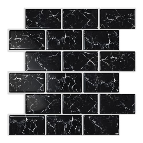10 Sheets Thicker Design Peel and Stick Backsplash, 12"x12" Peel and Stick Wall Tiles, Subway Look Marble Tiles Backsplash for Kitchen and Bathroom, Black Marquina - color: Black Marquina