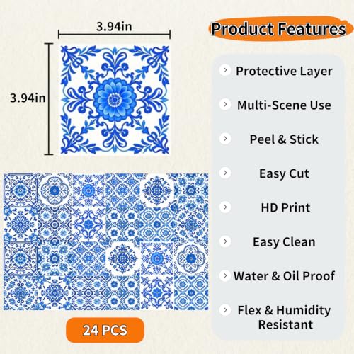 24Pcs Mexican Style PVC Peel and Stick Tile Stickers - color: Style E, size: 4x4 Inch