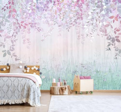 Jdayda Hazy Pink Leaves and Greenery Peel and Stick Wallpaper - color: MURAL-310, size: 129" x 96"