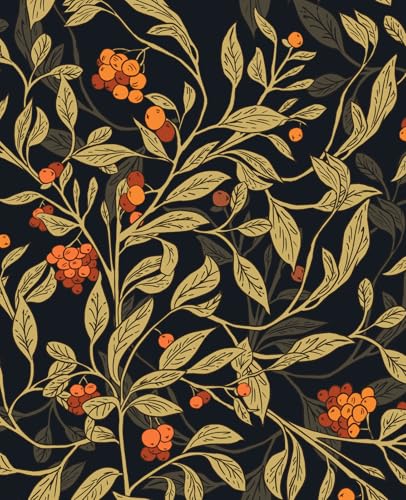 Black Vintage Leaves Berries Peel and Stick Wallpaper 17.5" x 393" - color: Black/Yellow/Orange, size: 17.5" x 393"