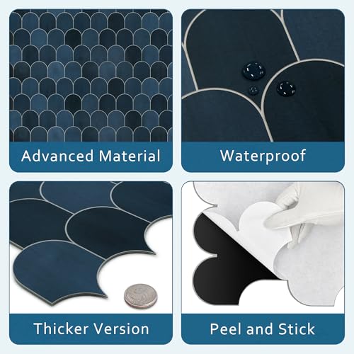 10-Sheet Fish Scale Peel and Stick Backsplash Tile, 11.4" x 10.9" Stone Composite Scallop Handmade Looks Self-Adhesive Wall Tiles for Kitchen Bathroom, Blue Mixed - color: Blue Mixed, size: Fish Scale