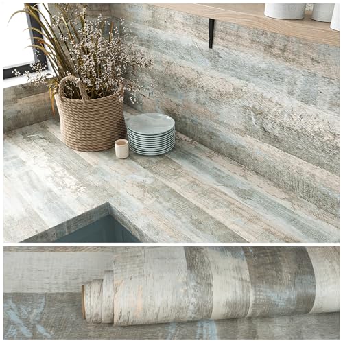 VEELIKE Light Blue Weathered Wood Plank Wallpaper Peel and Stick Reclaimed Wood Contact Paper for Countertops Cabinets Desk Floors 15.7''x118'' Waterproof Removable Wood Vinyl Wrap for Walls Kitchen - size: 15.7" x 118"
