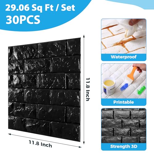 Circloophs 30 Pcs 3D Wall Panels Stick and Peel, Black Brick Printable 3D Wallpaper Stick and Peel Self Adhesive Waterproof Foam Faux Brick Paneling for Bedroom, Bathroom, Kitchen, Fireplace - color: Black