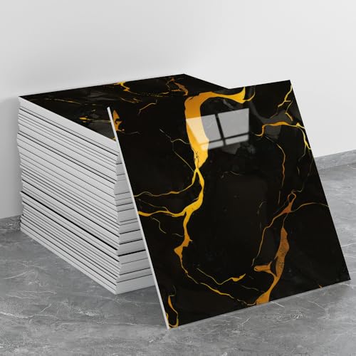 20pcs Black-Gold Marble Peel and Stick Shower Wall Panels - color: Black-gold