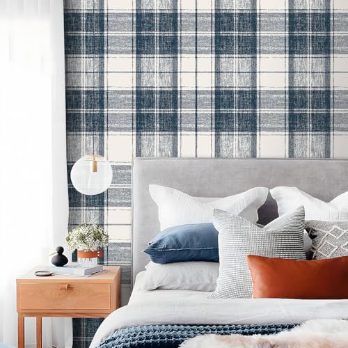 Livelynine Blue Plaid Wallpaper Peel and Stick Prepasted Vintage Dark Blue White Gingham Wall Paper Removable Self Adhesive Navy Checkered Contact Paper Waterproof Buffalo Plaid Vinyl Wrap 17.5x78.8" - size: 17.5x78.8 Inch