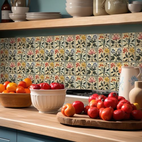 Faccito 24 Pcs Boho Flower 4x4 Tile Stickers Peel Stick Wall - style: Boho Flower